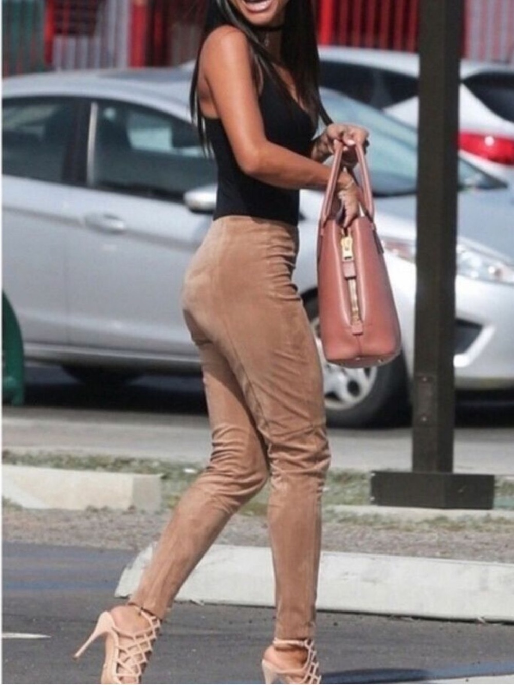 Zara Faux Suede Elastic Waist Zipper Slit Hem Camel Brown Tan Leggings Pants